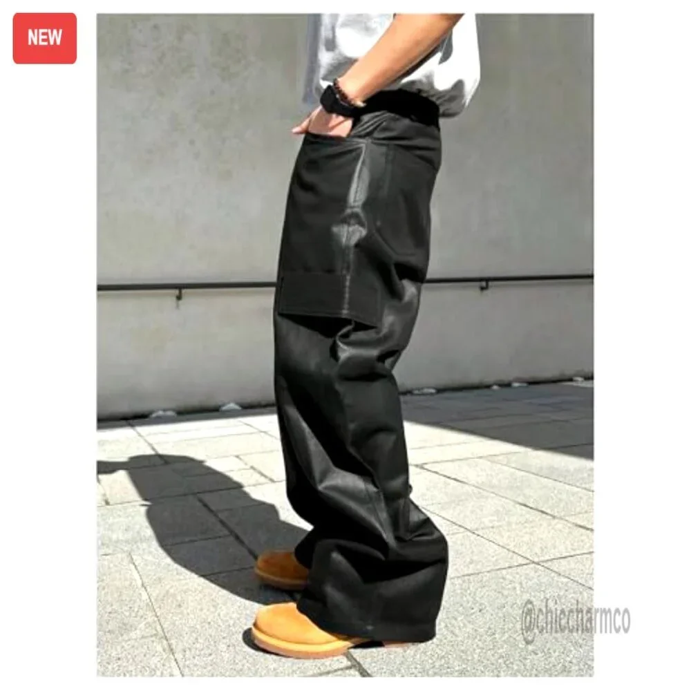Men's Faux Leather Cargo Pants Wide Leg Baggy Streetwear Trousers - Picture 3 of 5